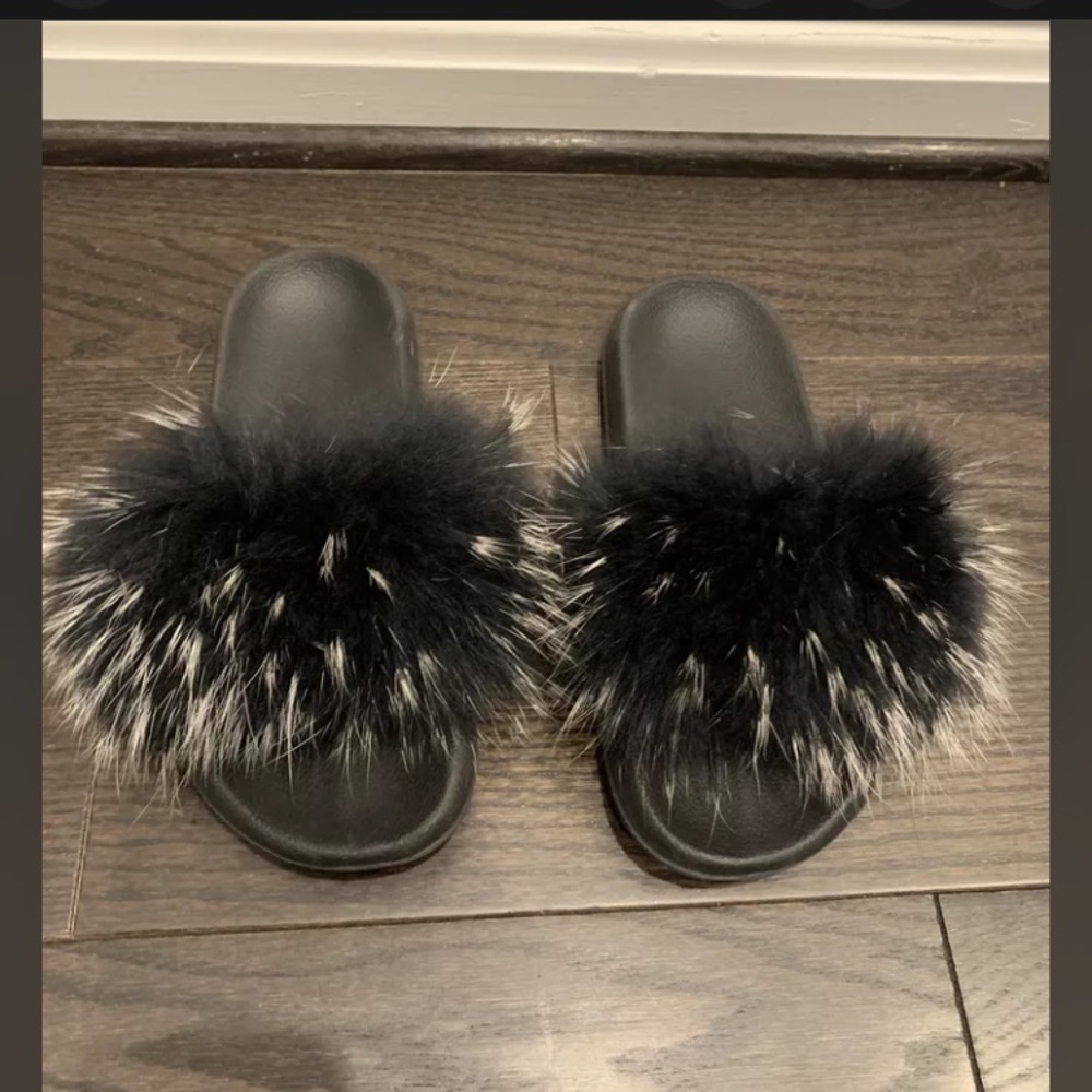 Black fur slides fuzzy slippers furry sandals